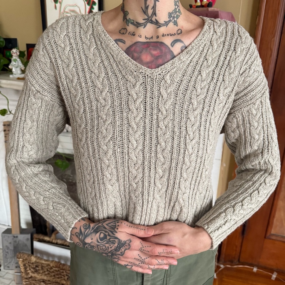 J. Crew Cable Knit V-Neck Sweater in Light Taupe